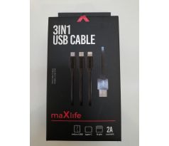 Datový kabel MAXLIFE 3v1 nylon USB - micro USB/USB-C/iPhone 2,1A černý