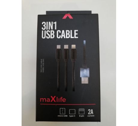 Datový kabel MAXLIFE 3v1 nylon USB - micro USB/USB-C/iPhone 2,1A černý